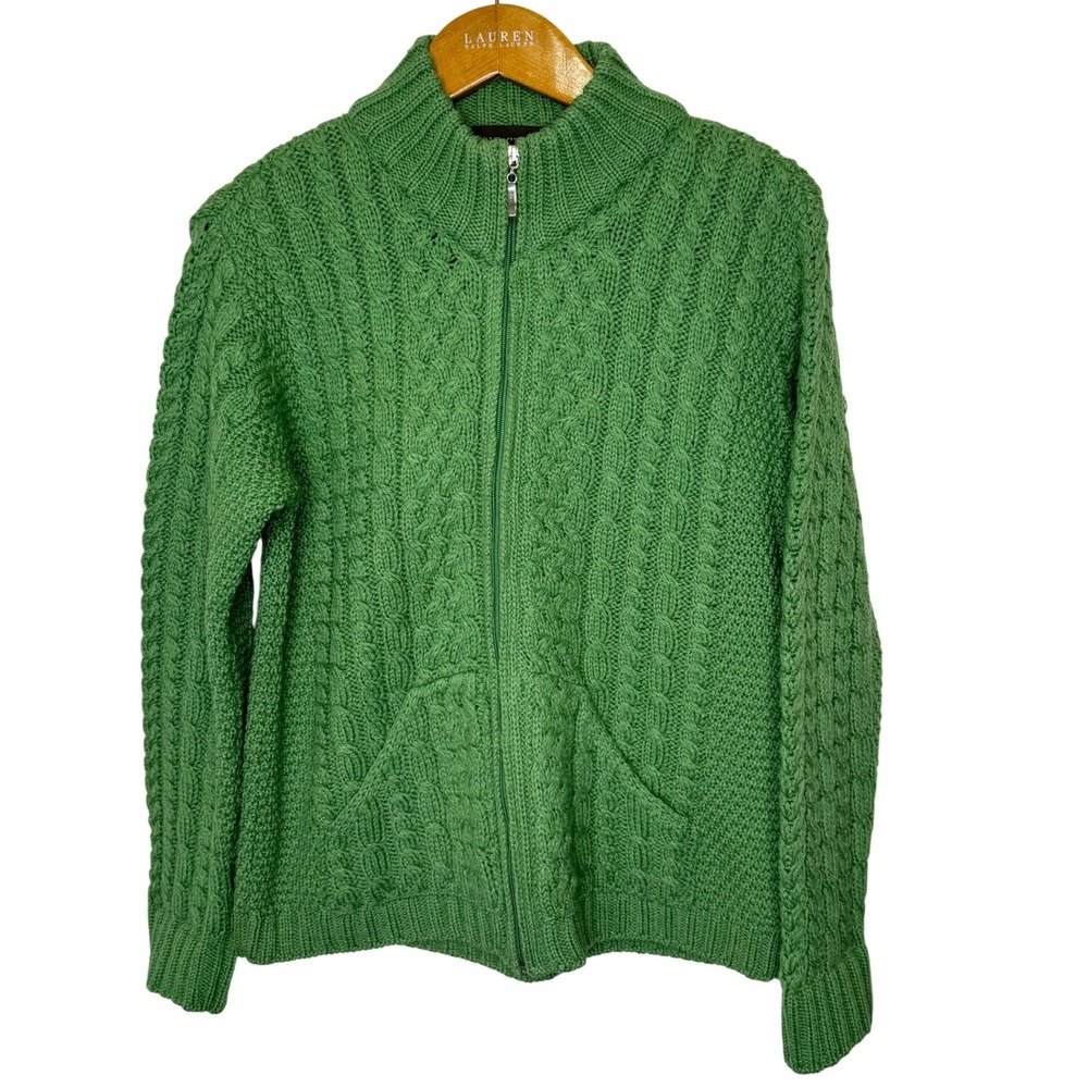 Inis Crafts Cable Knit Full Zip Wool Sweater Womens M Green